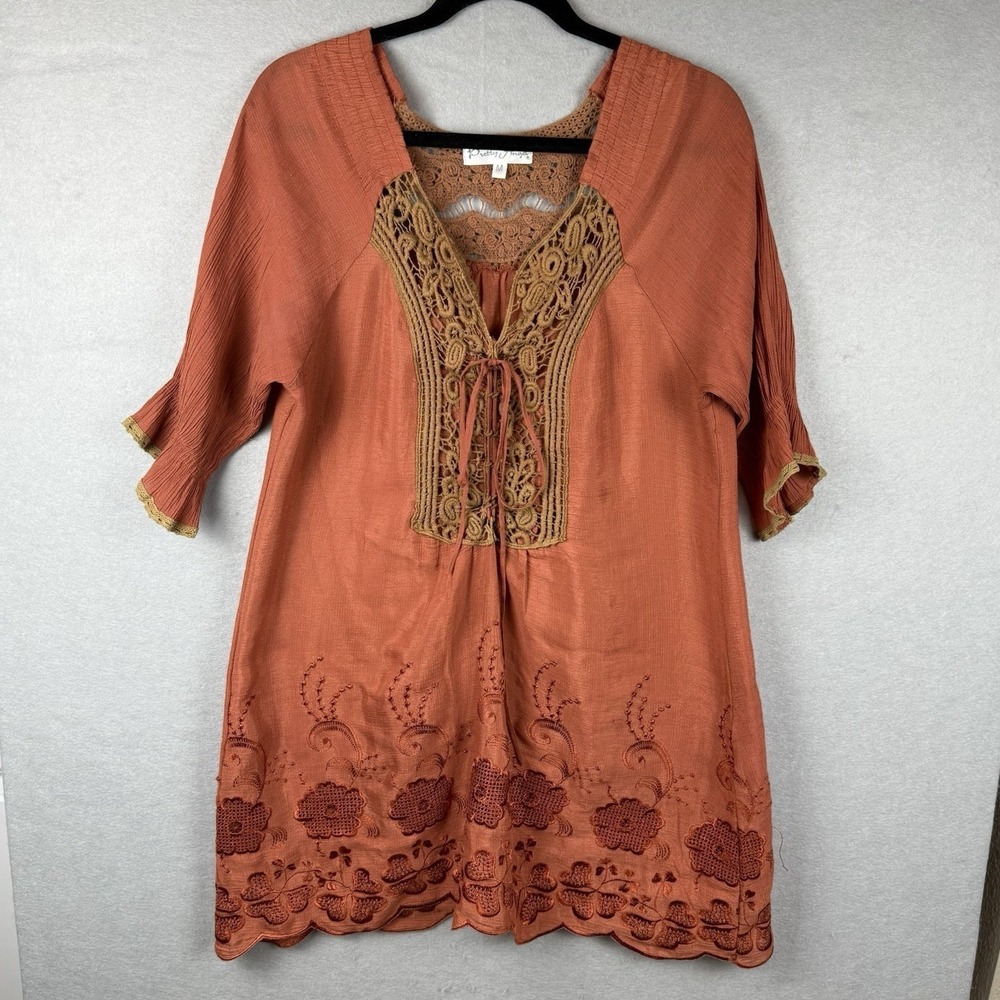 Pretty Angel‎ Terracotta Linen Blend Boho Hippie Crochet Lace Tunic/Dress Sz M